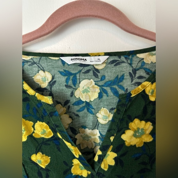 Sonoma Corduroy Green floral Notchneck Long Sleeve Top Size petite Large #1660 - Picture 6 of 7